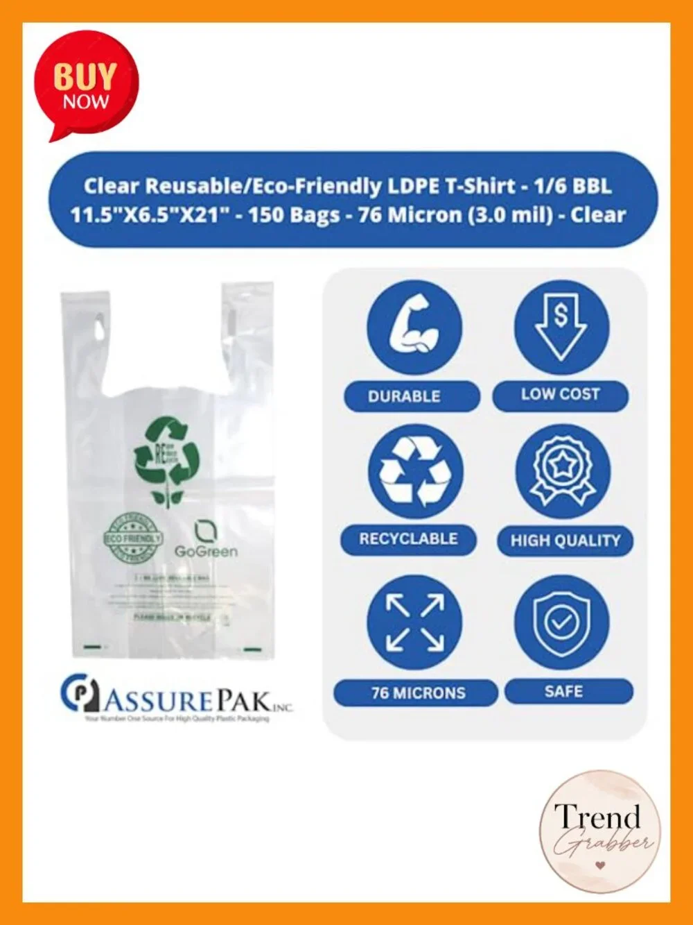 Eco Friendly Thick Reusable T-Shirt Bags - 150 Count - 3.0 Mil - 11.5x6.5x21